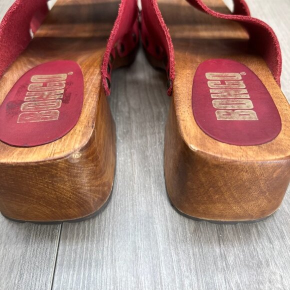 Bongo Wooden Platform Clog Sandal Size 9 Slip On Block Heel Open Toe Leather Red - Picture 10 of 12